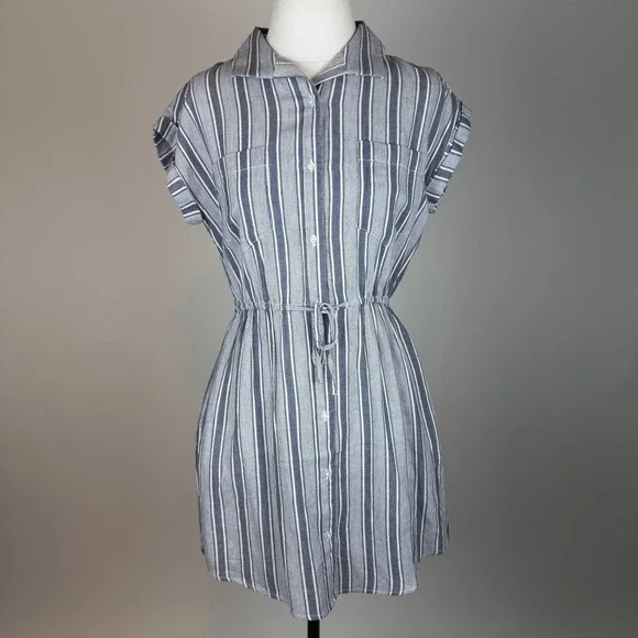 Japna Blue/White Striped Cotton Shirt Dress Size Medium Pockets Vacation Beach - Picture 1 of 7